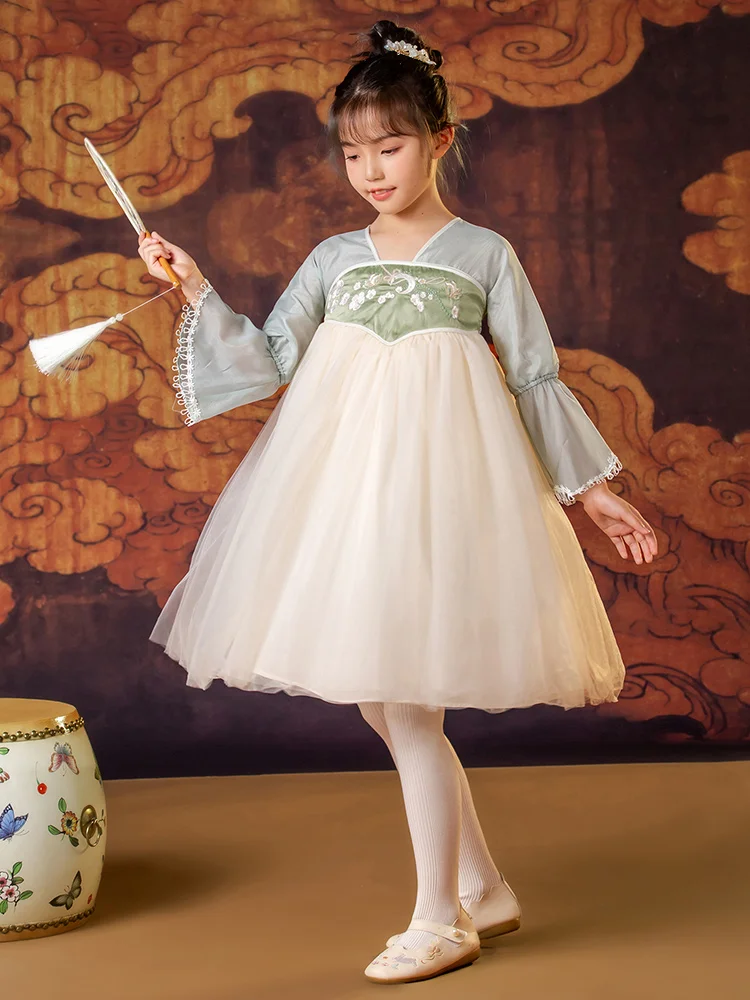 

Kids Clothes Teen Girl Autumn Full Sleeve Dresses Chinese Retro Classic Style Princess Gauze Flower Embroidey Blue White Dress