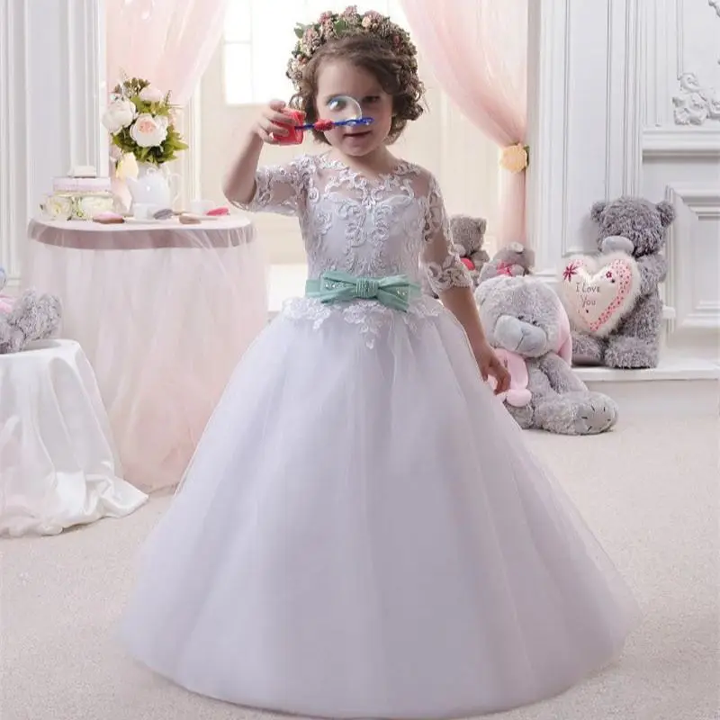

Flower Girls Dresses for Wedding Lace Appliques Beading Short Sleeve Ball Gowns Custom Holy First Communion Gowns for Girls