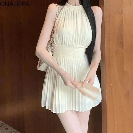 Onalippa Halter Chiffon Pleated Dress Women Gentle Wind Off-shoulder High Waist Dresses French Style A Line Sweet Vestidos