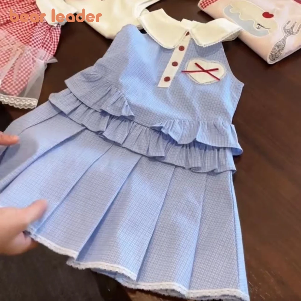 

Bear Leader Summer Blue Girls Clothes Love Bow Flip Collar Sleeveless Princess Dress Korean Version Splicing Children's Clothing