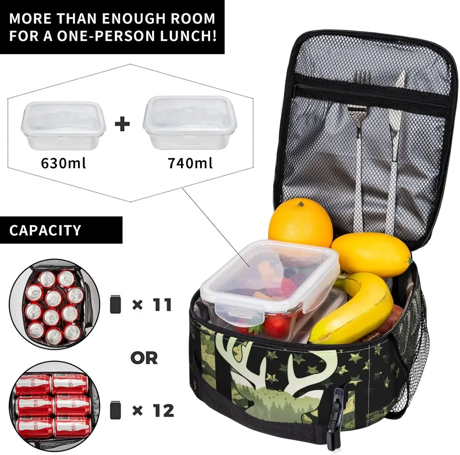 Camouflage Hunting Tactical Deer Camo Reusable Lunch Box Food Bag Insulated Lunch Bag for Teenage Boys Girls School Beach