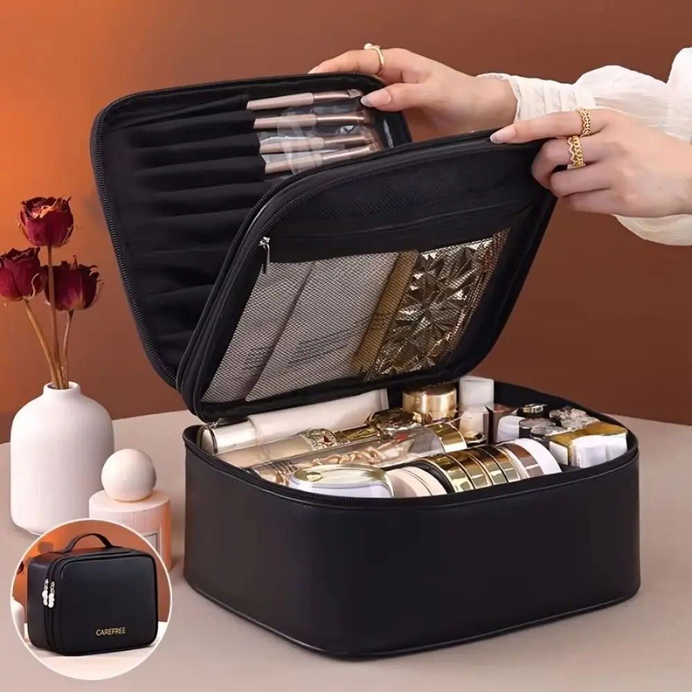 Double-Layer Portable Cosmetic Bag PU Leather Large Capacity Travel Toiletry Pouch Detachable Dividers Waterproof