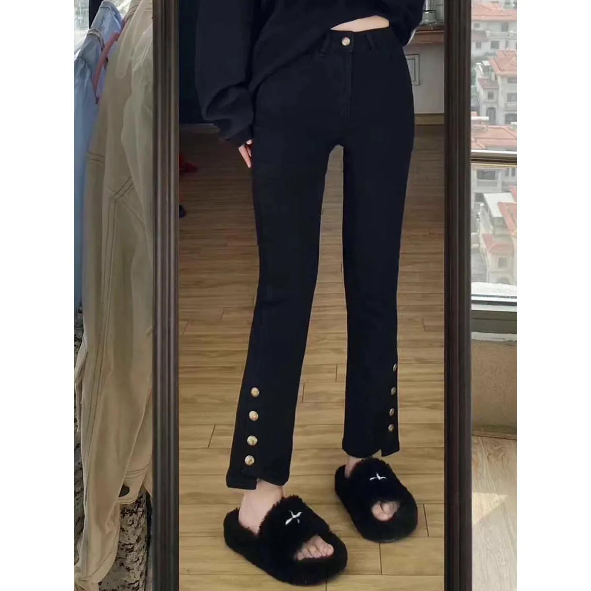 High Waist Flared Jeans Women's plus Size Spring Large Denim Pants Design Sense Slit Metal Buckle Elastic Nine Points Pants