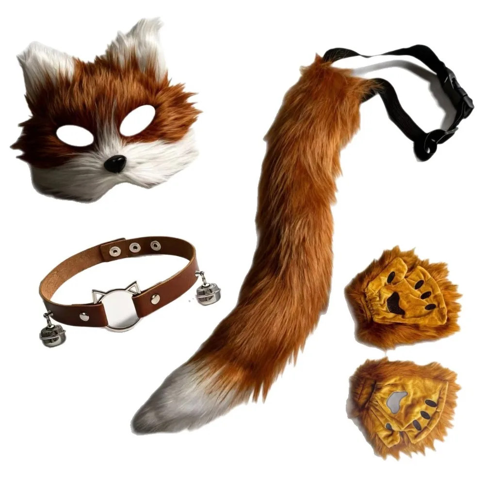 

5pcs Hot Sale Fluffy Fur Fox Tail Cat Paws Gloves Wolf Mask Set Halloween Cosplay Costume Accessories Theme Party Dress Up Props