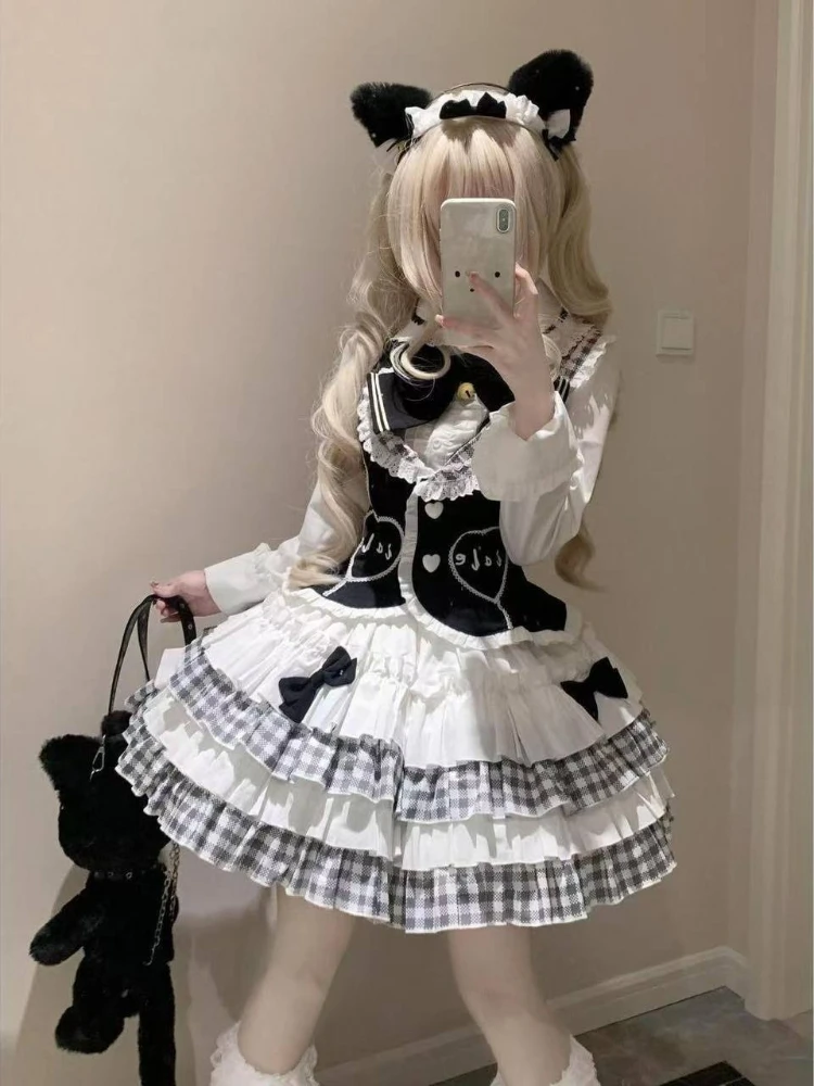 

Japanese Gothic Lolita 3 Piece Set Women Sweet Y2k Long Sleeve Shirts Slim Vest Y2k Bow Mini Skirt Harajuku Kawaii Party Suits