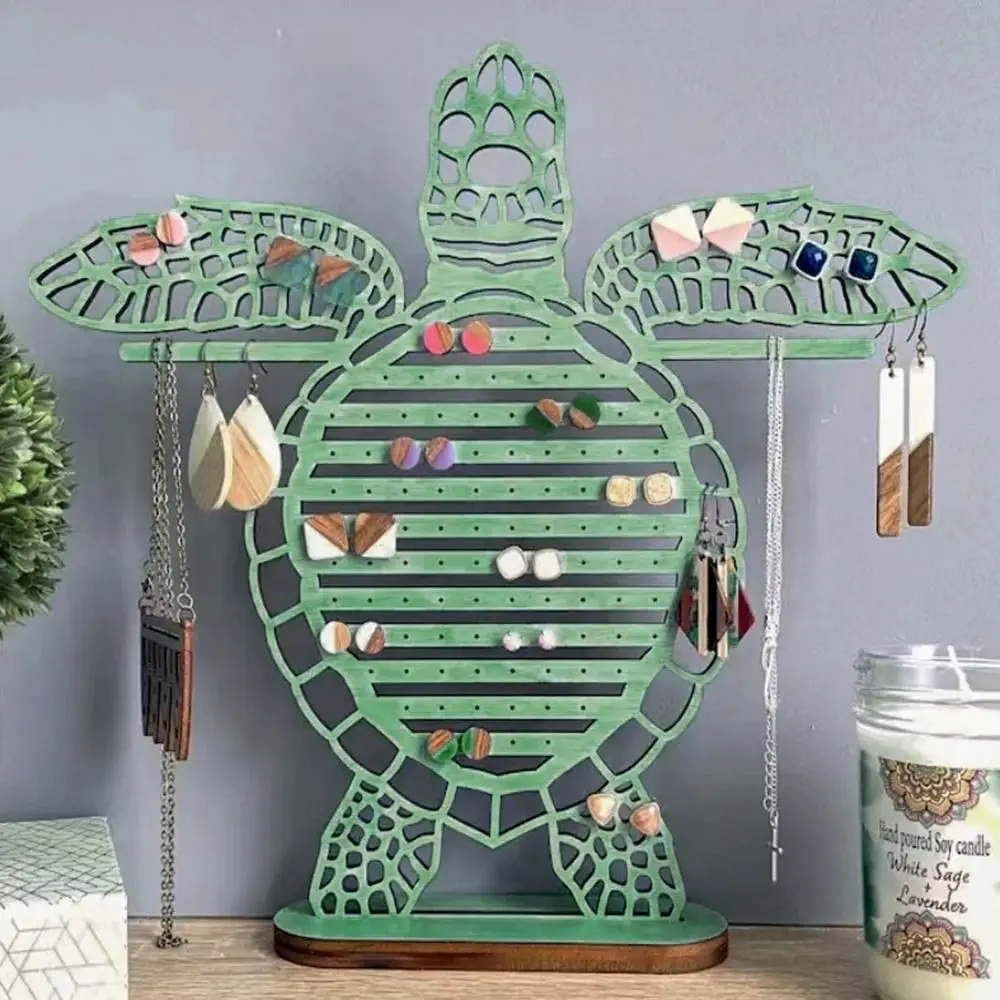 منظم مجوهرات لطيف فريد من نوعه بتصميم سلحفاة خشبية لعرض القرط والقلائد ديكور المنزل