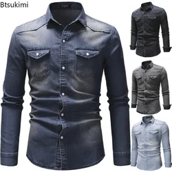 2026 Men's Vintage Denim Shirt Simple Long-sleeved Lapel Slim Casual Shirt Coats Street Cardigan Tops Western Cowboy Shirts Male