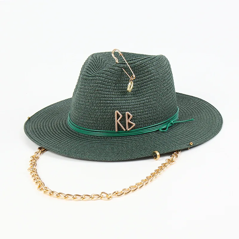 2026 Women European American Chain Ornament Straw Sun Hat Beach Vacation Outdoor UV Shade Hat
