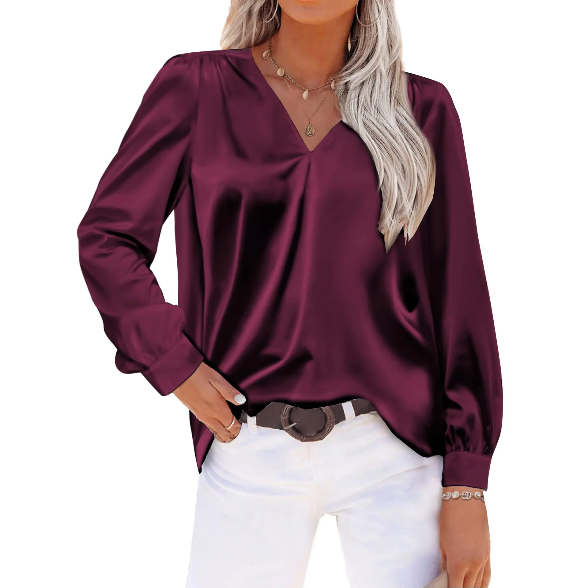 

Fashion Women's Shirts 2024 Autumn Solid Color V-neck Long Sleeve Casual Design Sense Loose Shirt Top Women Streetwear Blouses