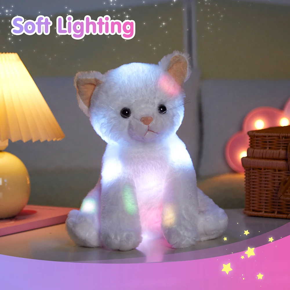 Juguete de peluche luminoso LED brillante para niñas, muñeco de gato Kawaii, almohada para dormir, canciones de cuna, gatito blanco, animales de