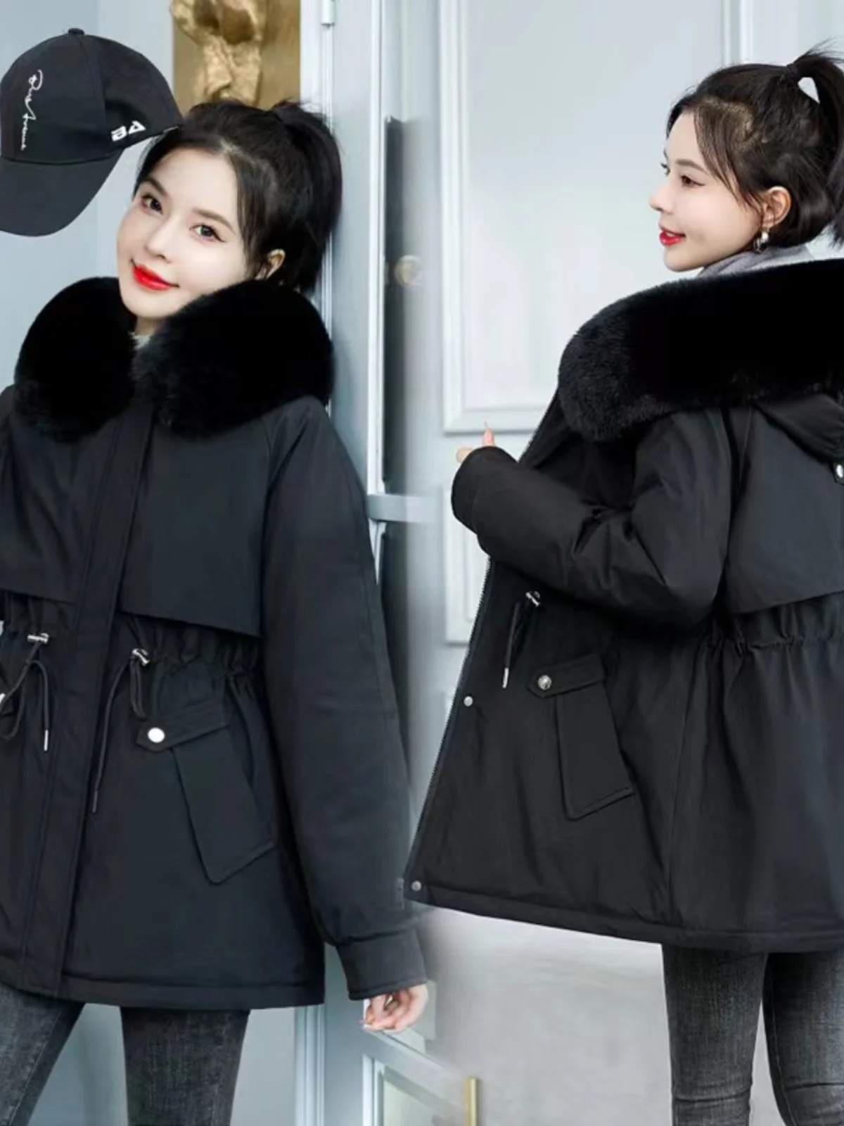 

plus Size Fce Lined Thiened Parka Coat Women's Mid-Length Cotton Jaet Outerwear Trendy Korean Sle Hooded Zipper Clos...
