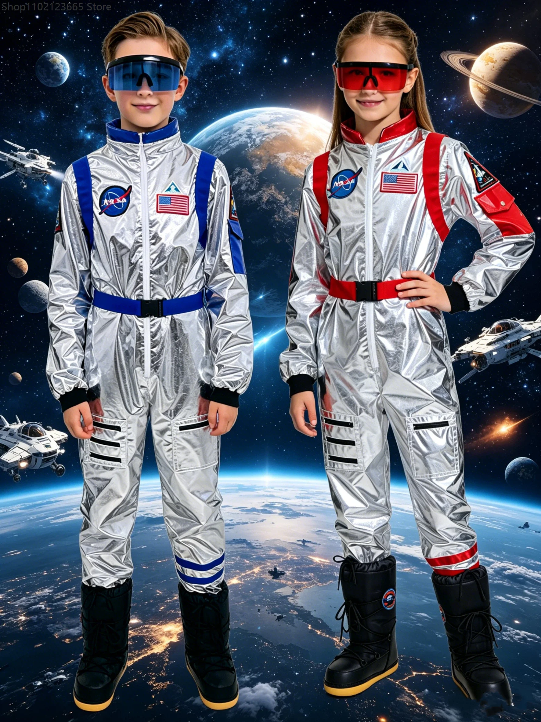 

Niños Niña Astronaut Costume Silver Astronaut Cosplay Fantasia Disguise Enfant Jumpsuit Spaceman Outfits Halloween Carnival Suit