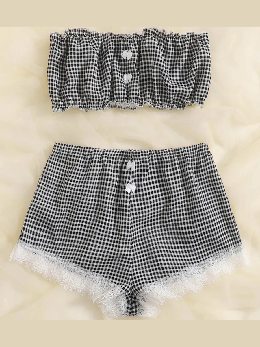 Women s Y2K Pajamas Set Plaid Bow Decor Tube Tops and Lace Trim Shorts Summer 2 Piece Outfits