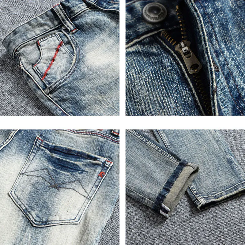 Newly Desigenr Fashion Men Jeans High Quality Retro Washed Blue Stretch Slim Fit Ripped Jeans Men Vintage Denim Pants Hombre