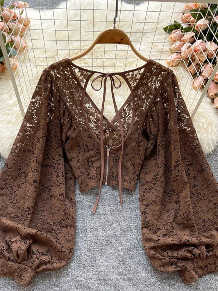 Sweet Memory Black/White/Brown Sexy Lace Blouse Women Elegant V-Neck Puff Long Sleeve Open Back Short Tops