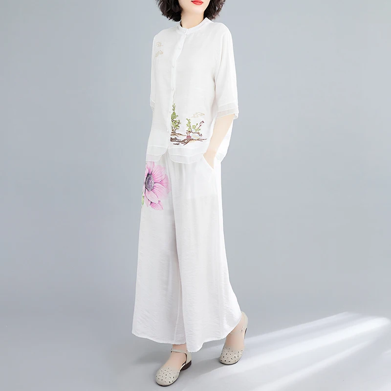 Faionable Große Damen-Baumwoll-Leinen-Hosen mit weitem Bein, zweiteiliges Set, ethnisches SLE-Sommer-Outfit, reduziert das Alter aufsehen