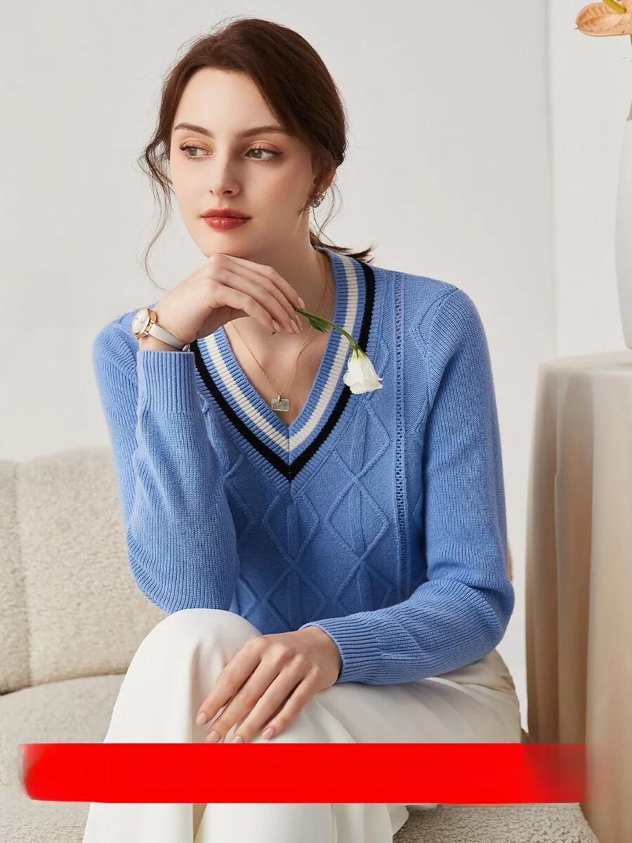 

Zhaojun Autumn New Women's Thiened Woolen Knitwear V-ne College Sle Sweater Sweet Sle Stripe Pattern Loose Fit Long S...