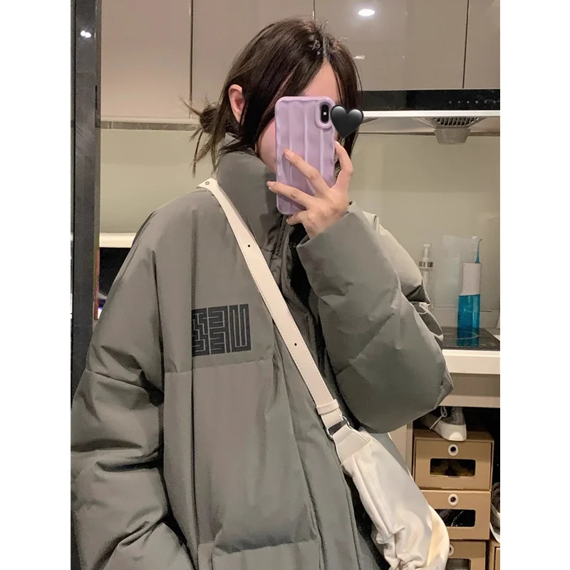 Grey Down Jacket Women Coat Black Hooded Fashion American Streetwear Y2K Style Duck Down Feather Female Winter Short Outwear