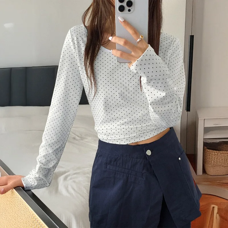 

2025 New Women's Autumn and Winter Casual Vacation Polka Dot Long Sleeve Vest T-Shirt