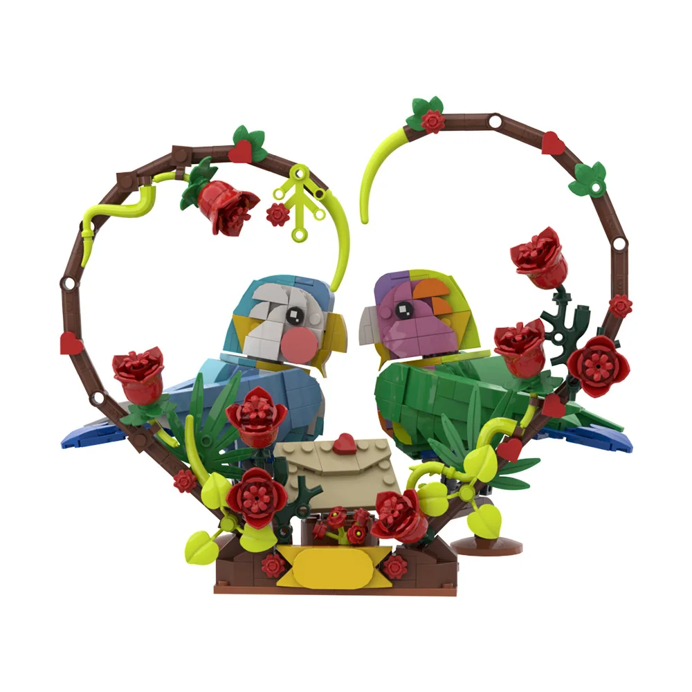 

MOC Love Bird Model Building Blocks Red Rose Parrot Creative Design Flower Bird Animal Brick Toy Valentine's Day Gift