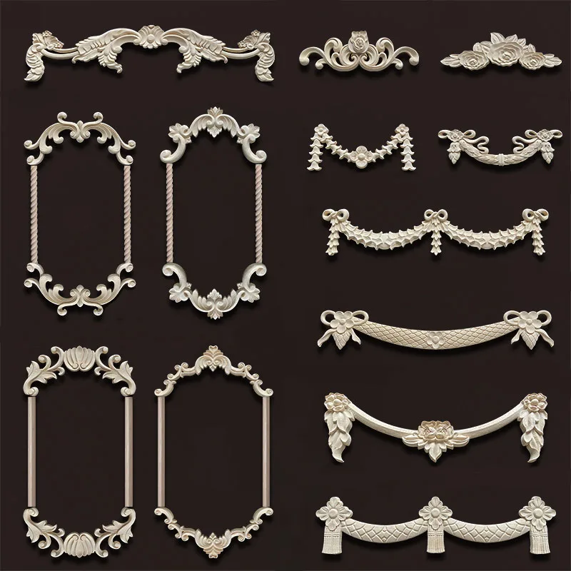 Apliques de madeira moldando decalque esculpido canto onlay decoração do quarto item para decoração de casa armário de móveis artesanato de flores orientais