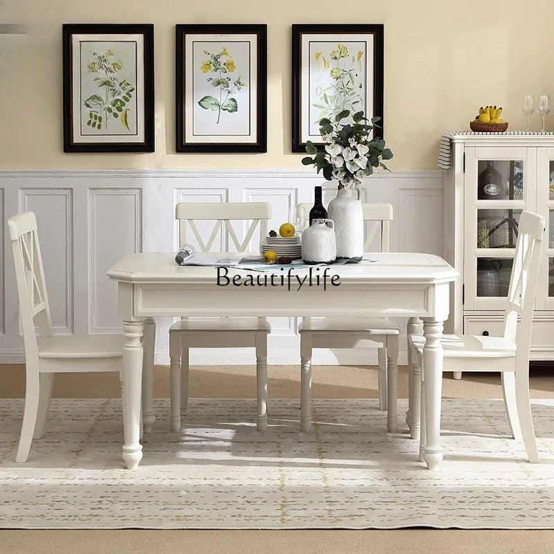 LJY*American Country White Restaurant Mahogany Inverted Octagonal Square Dining Table