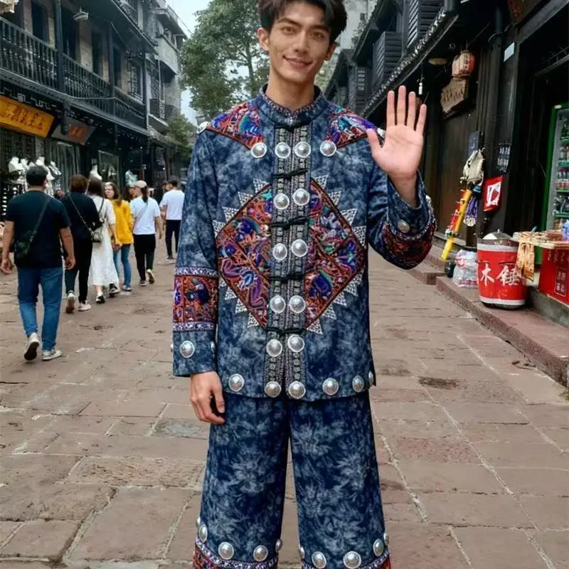 

Men's Hmong Costume Traditional Ethnic Minority Tie-Dye Clothing Halloween Miaojiang Boys Cosplay Costume Trendy Street Y2K Tops