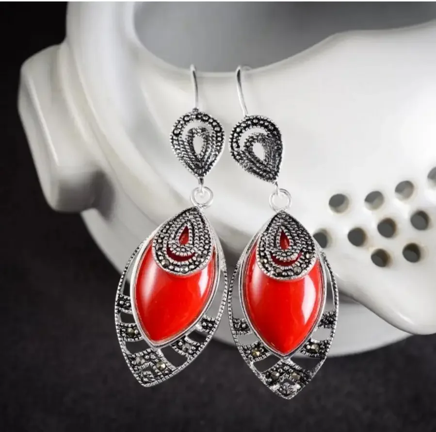 

NEW 21/5" Vintage New tibetan Silver multicolor sand jade Marcasite Hook Earrings