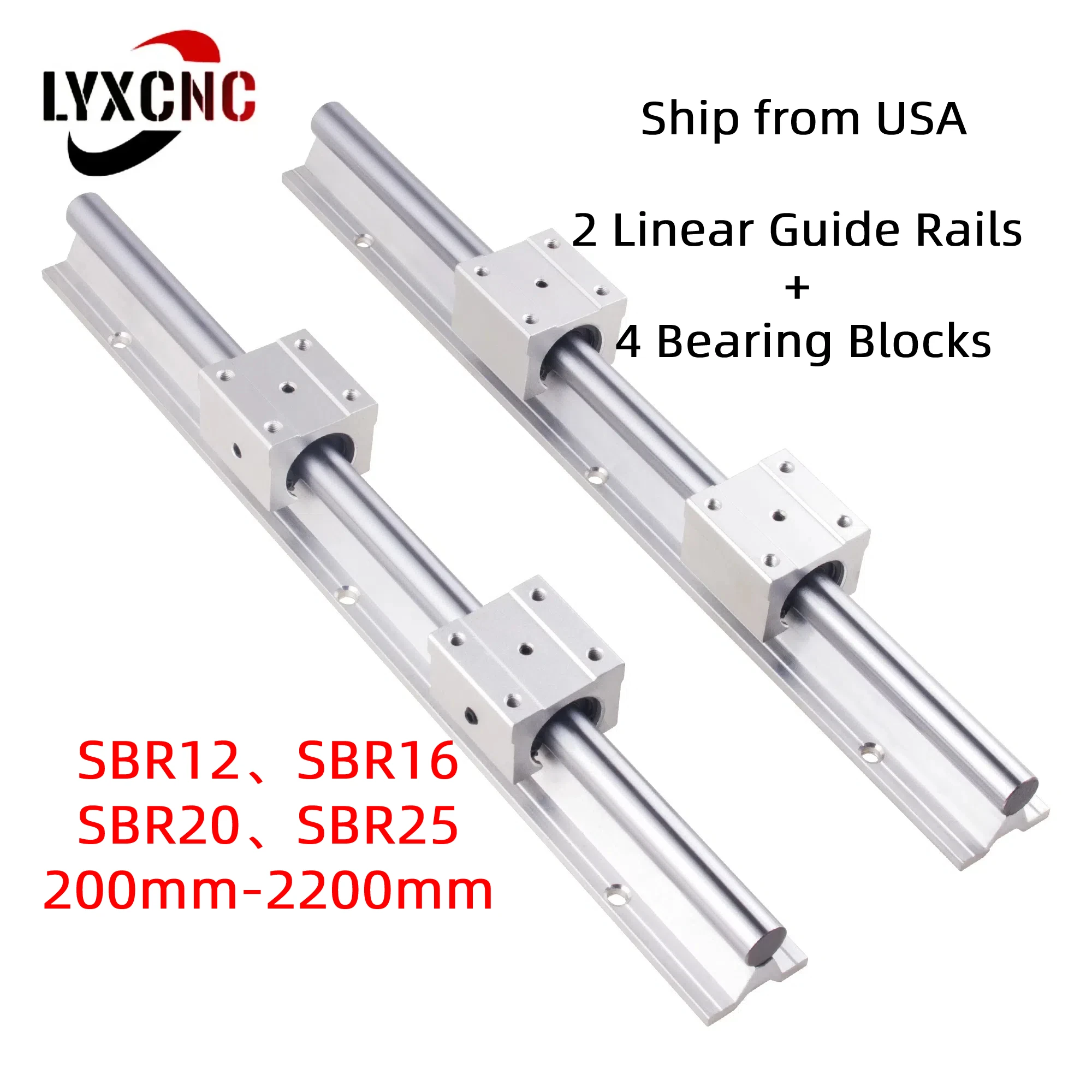 

2PCS Linear Guide Rails SBR12 SBR16 SBR20 SBR25 200-2200mm+4PCS UU Bearing Blocks for DIY Mills CNC Part - Ship from USA