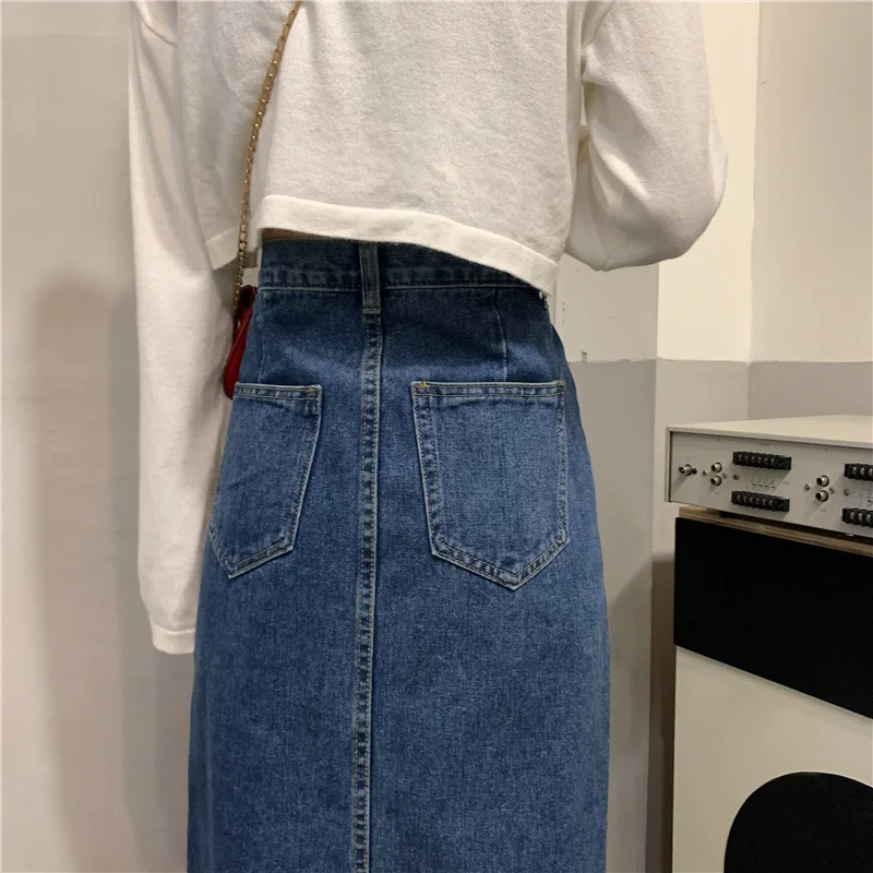 Women Side Split Denim Skirts Casual High Waist Mid-Calf Skirts 2024 Spring Summer Vintage Cowboy Jeans Skirts Female