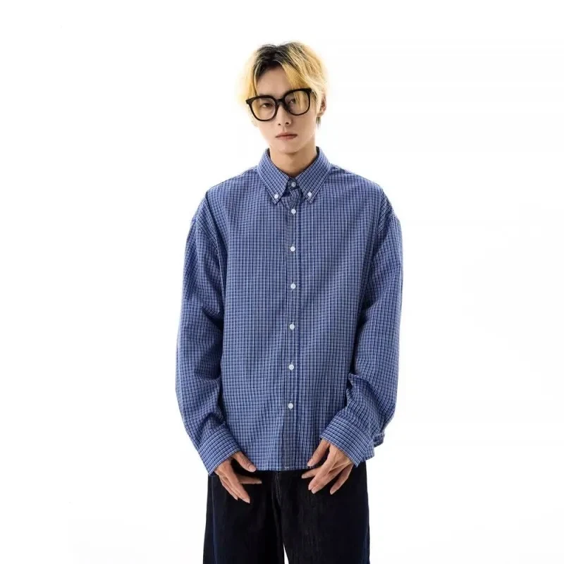 

Американская ретро синяя клетчатая рубашка с длинными рукавами для мужчин, повседневная свободная и универсальная рубашка