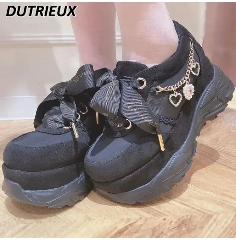 Japanese Style Trendy Lolita Sweet Rhinestone Love Chain Platform Shoes Mine Series Women Ribbon Bow Sneakers Girls Sports Shoes