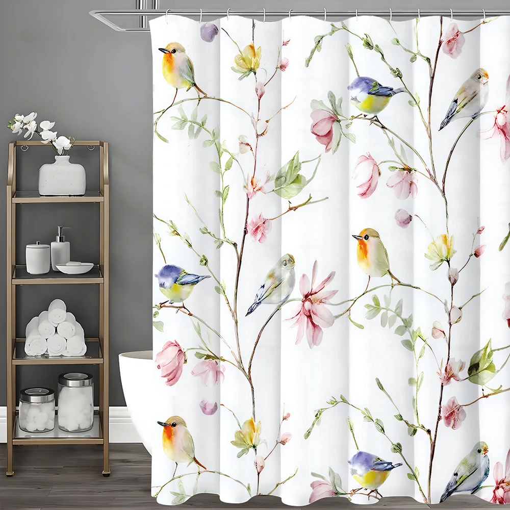

Занавеска для душа с изображением дерева, цветов, птиц, декоративная занавеска для душа в ванной комнате, водонепроницаемая занавеска для душа с крючками