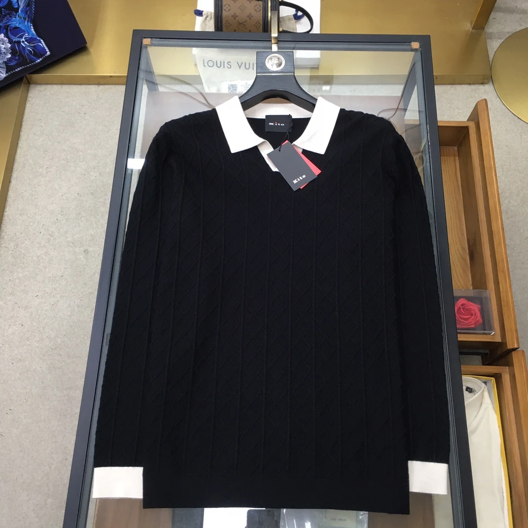 

Kiton autumn and winter new contrasting color business casual rhombus lapel knitted POLO shirt