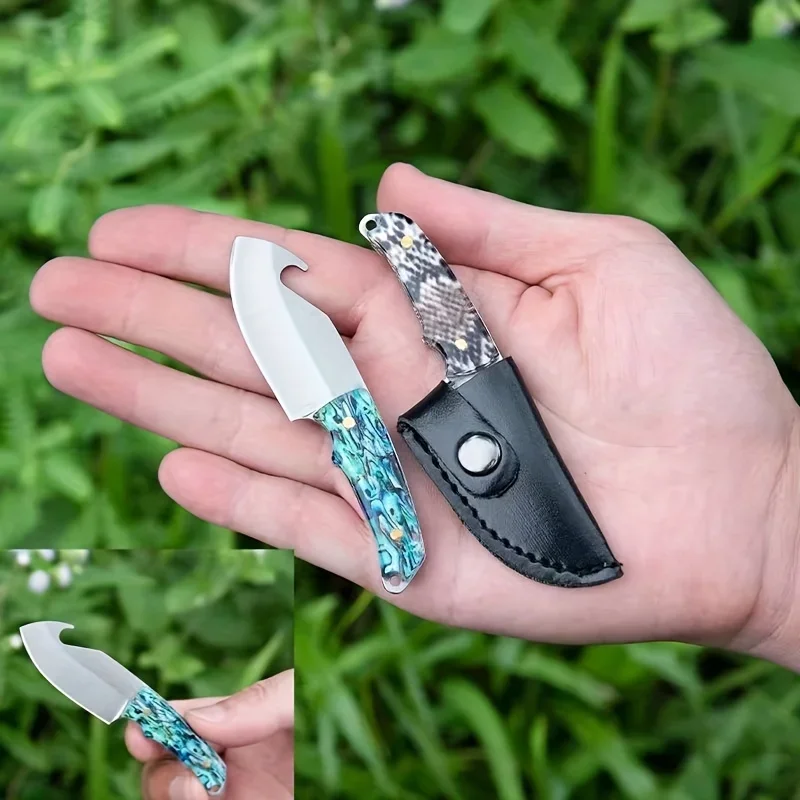 Mini Resin Patterned Handle Knife Bottle Opener Portable Outdoor Keychain Gift Knife Unboxing Knife with Leather Cover