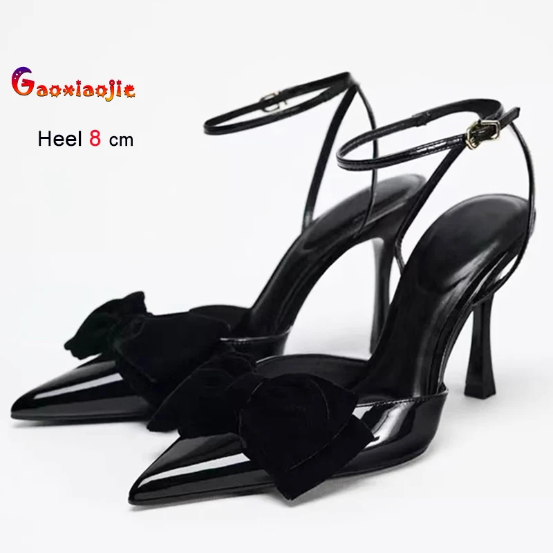 

Женская обувь на тонком высоком каблуке с черным бантом, замшевые женские туфли-лодочки с острым носком, сандалии с ремешком на щиколотке сзади, свадебные туфли на шпильке с неглубоким носком