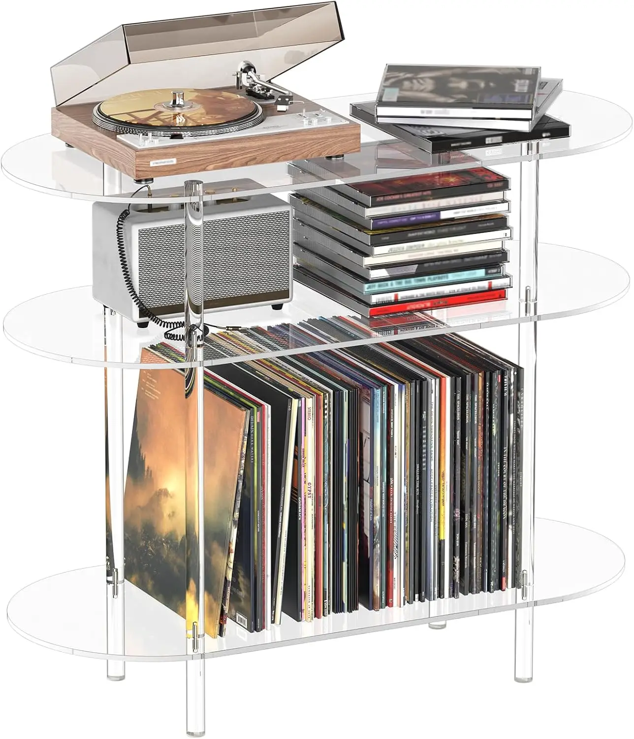 

Large Acrylic Record Player Stand with Vinyl Storage, Holds Up to 200 Albums, 3-Tier Clear Holder for Living Room or Bedroom