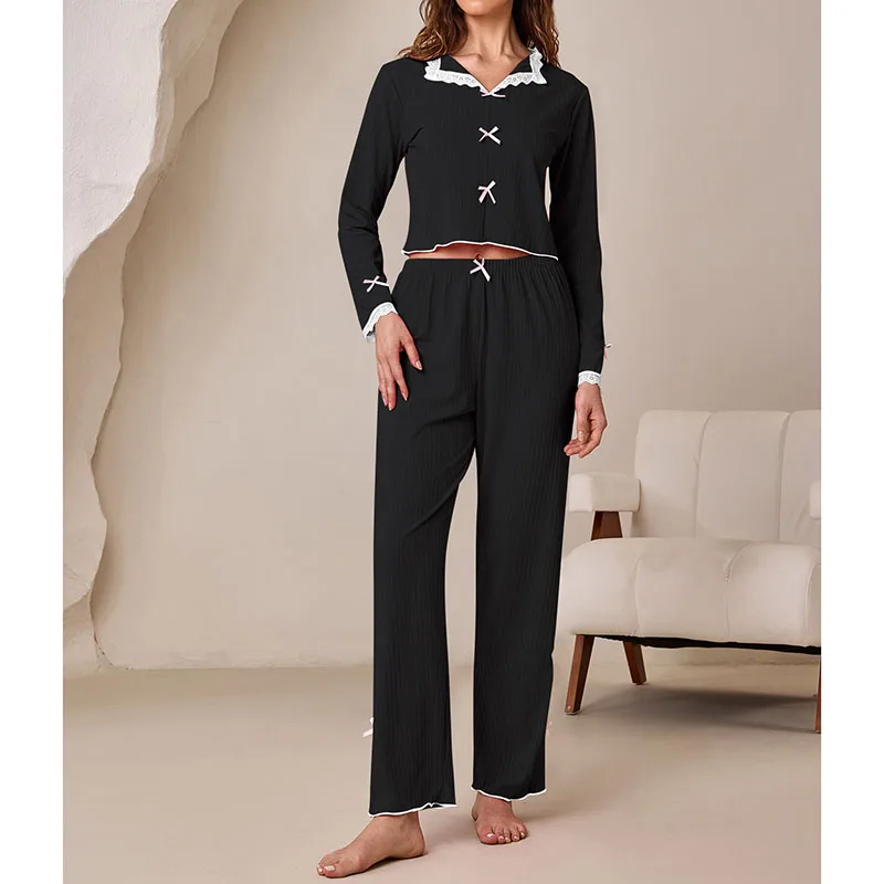 طقم بيجامة نسائي جديد للخريف من الدانتيل مع فيونكة بأكمام طويلة وسراويل طويلة، طقم ملابس منزلية نسائية مكون من قطعتين #5