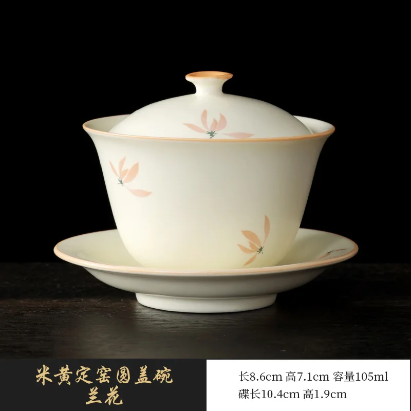 

Ceramic Beige Ding Kiln Orchid Three-Talent Gaiwan Tea Cup Household Single High-End Kung Fu Tea Set Tea Bowl Small Tea Cup