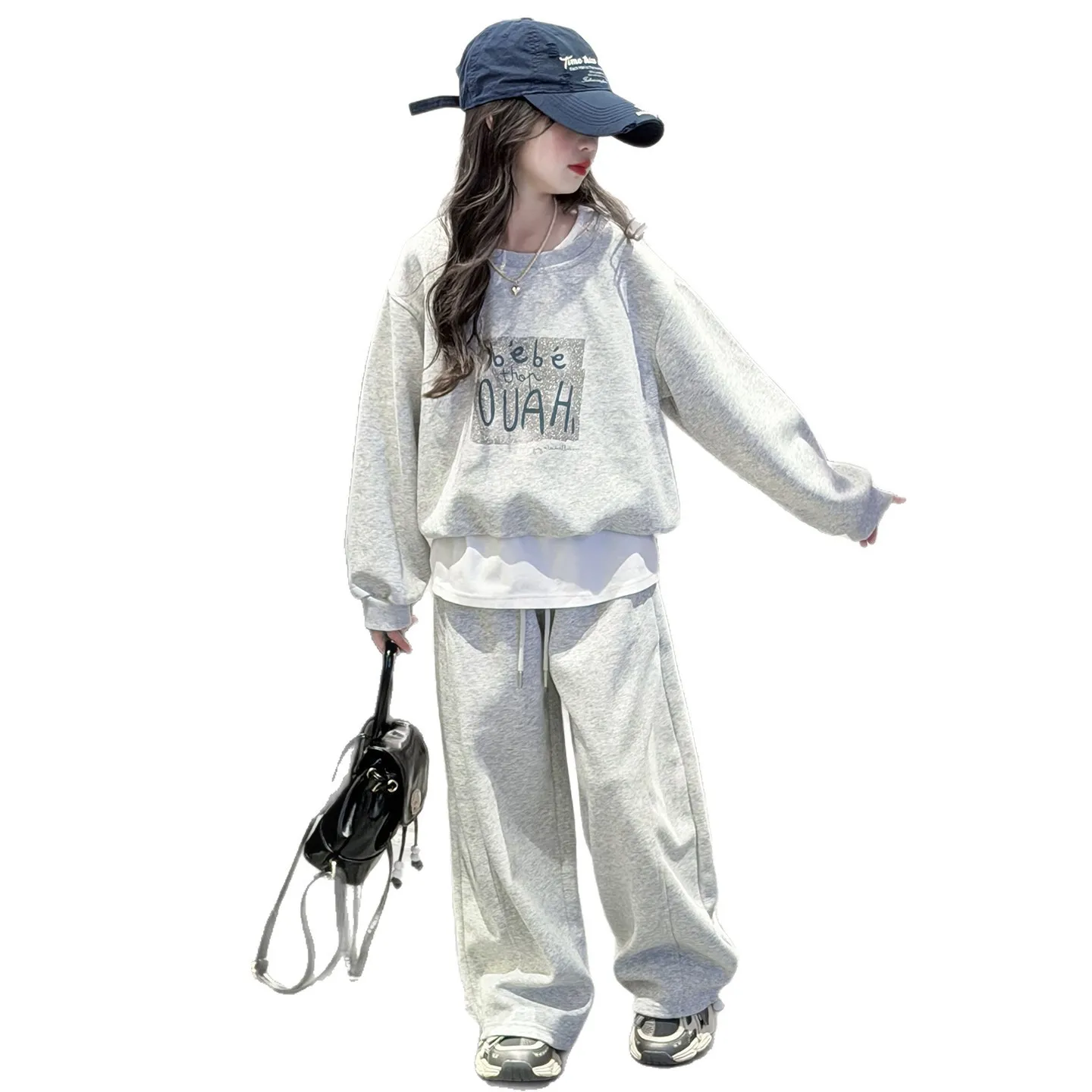 2026 spring kid Girls Cloth set Suit Child grey letters loose sweatshirt t-shirt top + wide leg pant Tracksuit 4 8 10 12 14 year