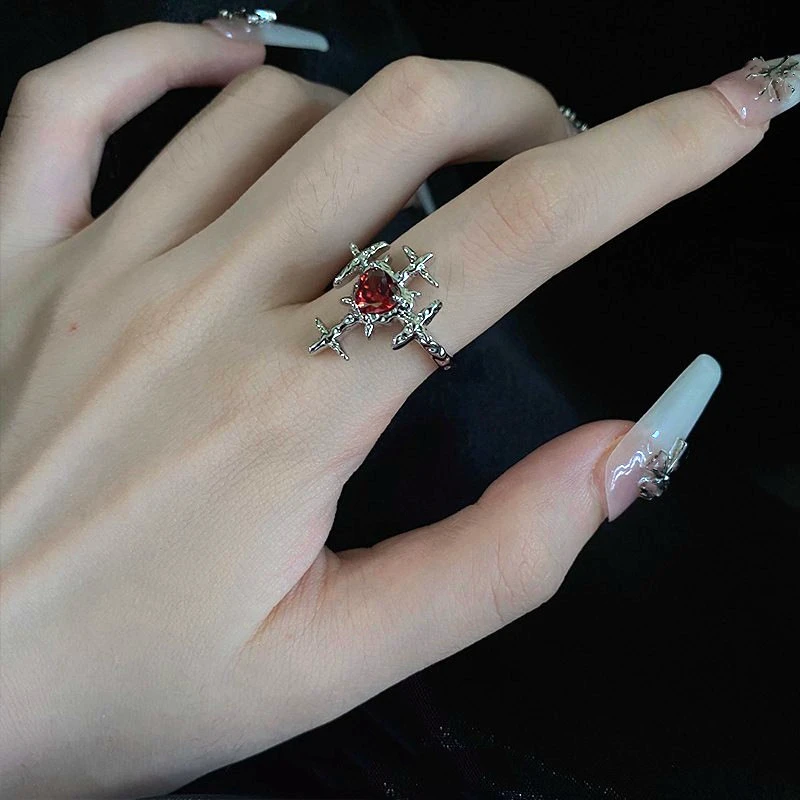 Goth Cross Red Zircon Heart Rings Vintage Hiphop Unique Cross Love Ring Y2K Irregular Aesthetic Egirl Crystal Open Rings Jewelry