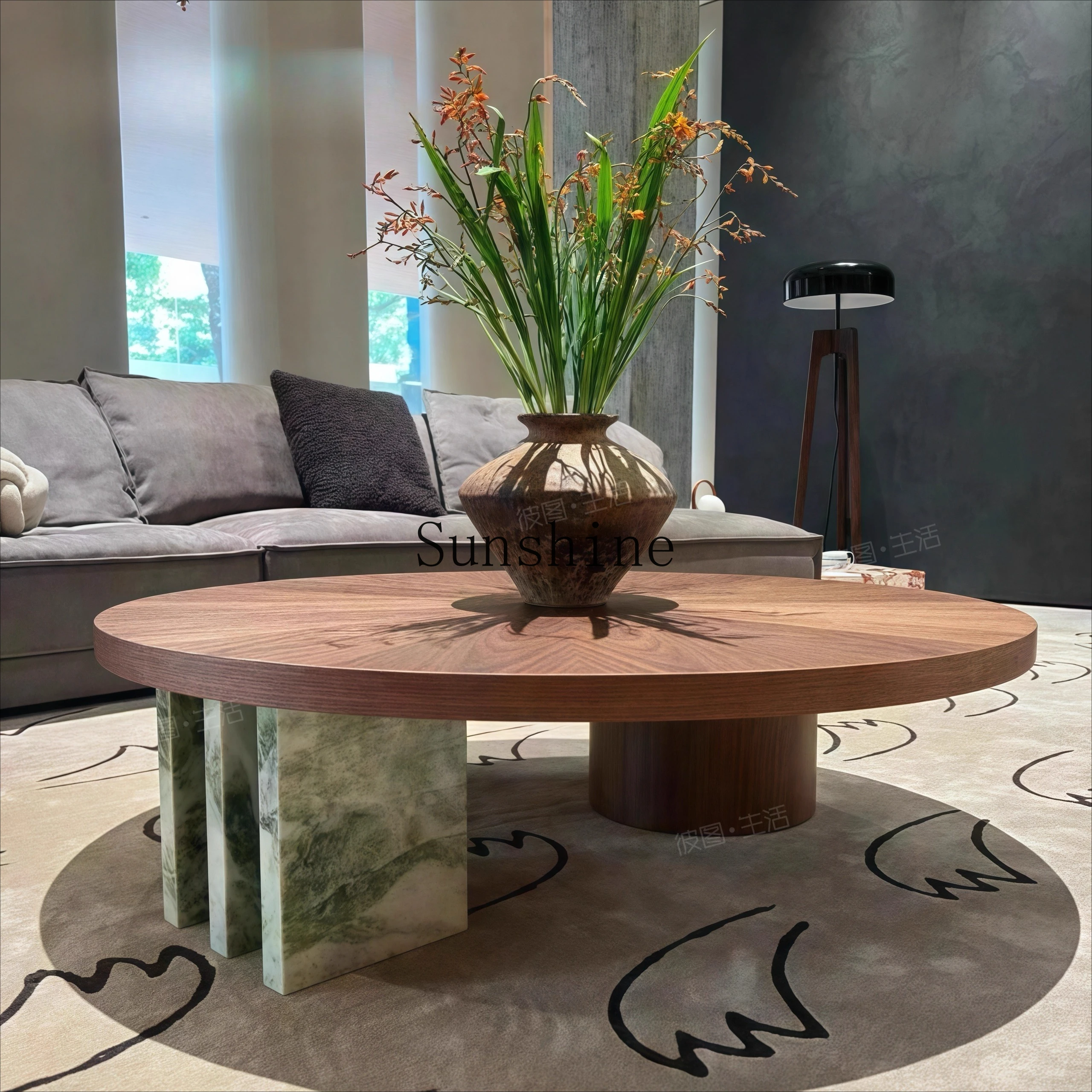 

Round black walnut coffee table natural marble legs simple modern minimalist coffee table high-end large flat layer
