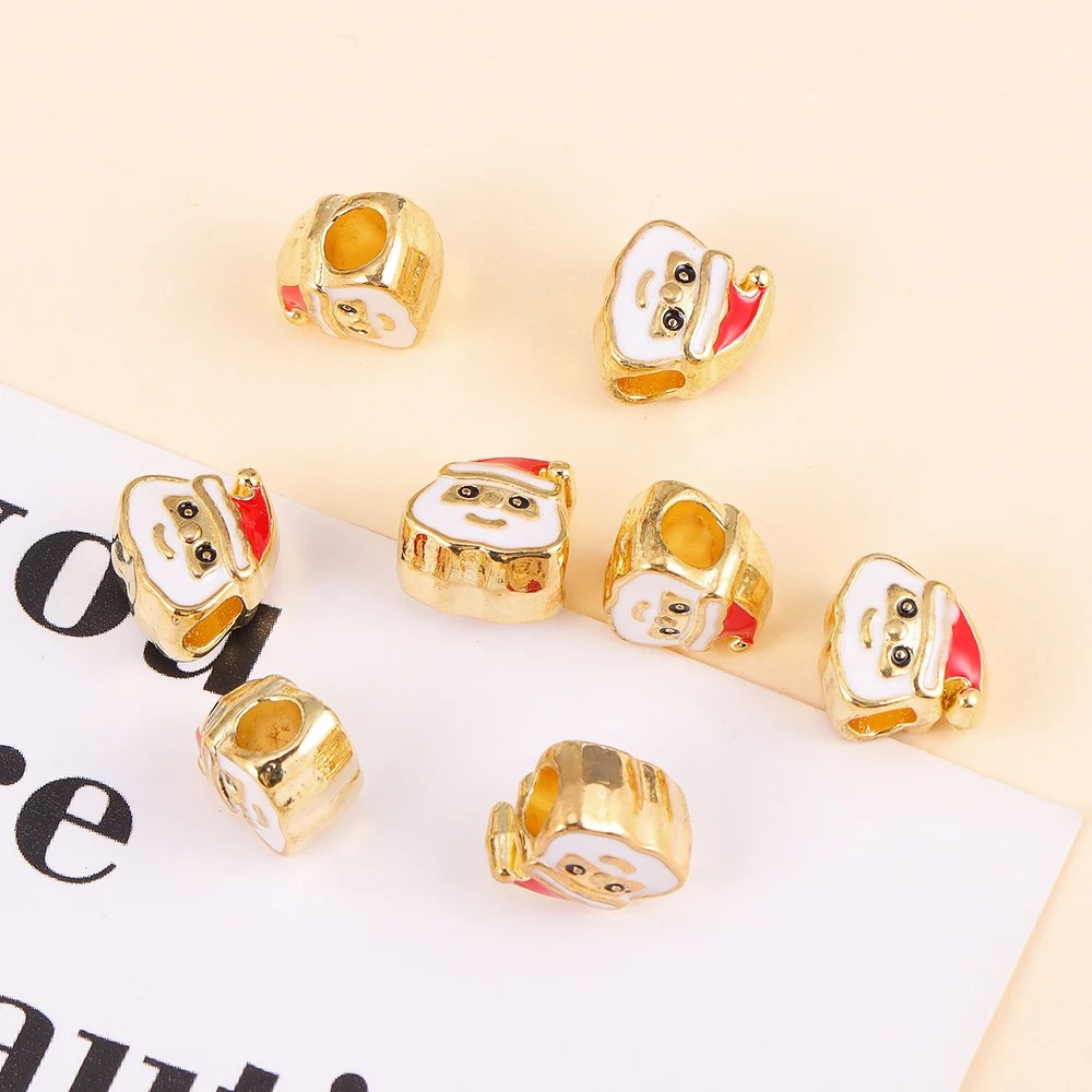 10Pcs Cute Enamel Double Faced Santa Claus Alloy Spacer Beads For DIY Jewelry Making Loose Bead Charms Bracelet Accessories