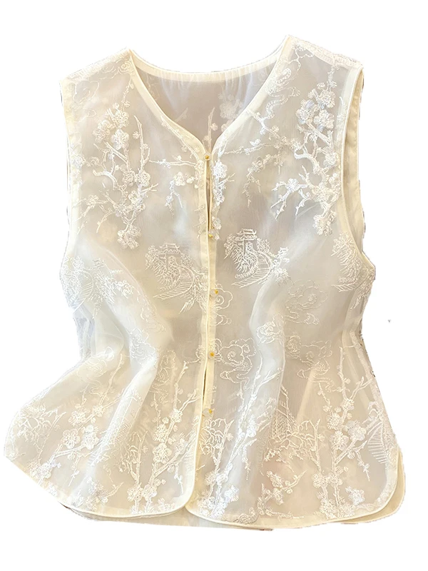 새로운 중국 스타일 자수 꽃 조끼 여성 여름 야외 고급 경량 럭셔리 민소매 탑 출퇴근 스타일