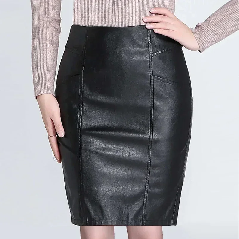 

Women High Waist Matte Leather Skirt Office Lady Stretch PU Slim Mini Skirt Commuter Black Leather Pencil Skirt Custom Clubwear