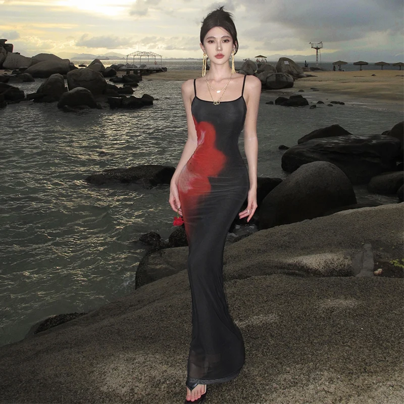 Desire Black Printed Strap Dress Women Summer Elegant Waist-Cinching Bodycon Long Dress