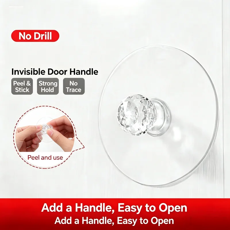 Punch Free Self Adhesive Round Crystal Knob, Invisible Sticky Handle for Cabinet Wardrobe Bathroom Doors