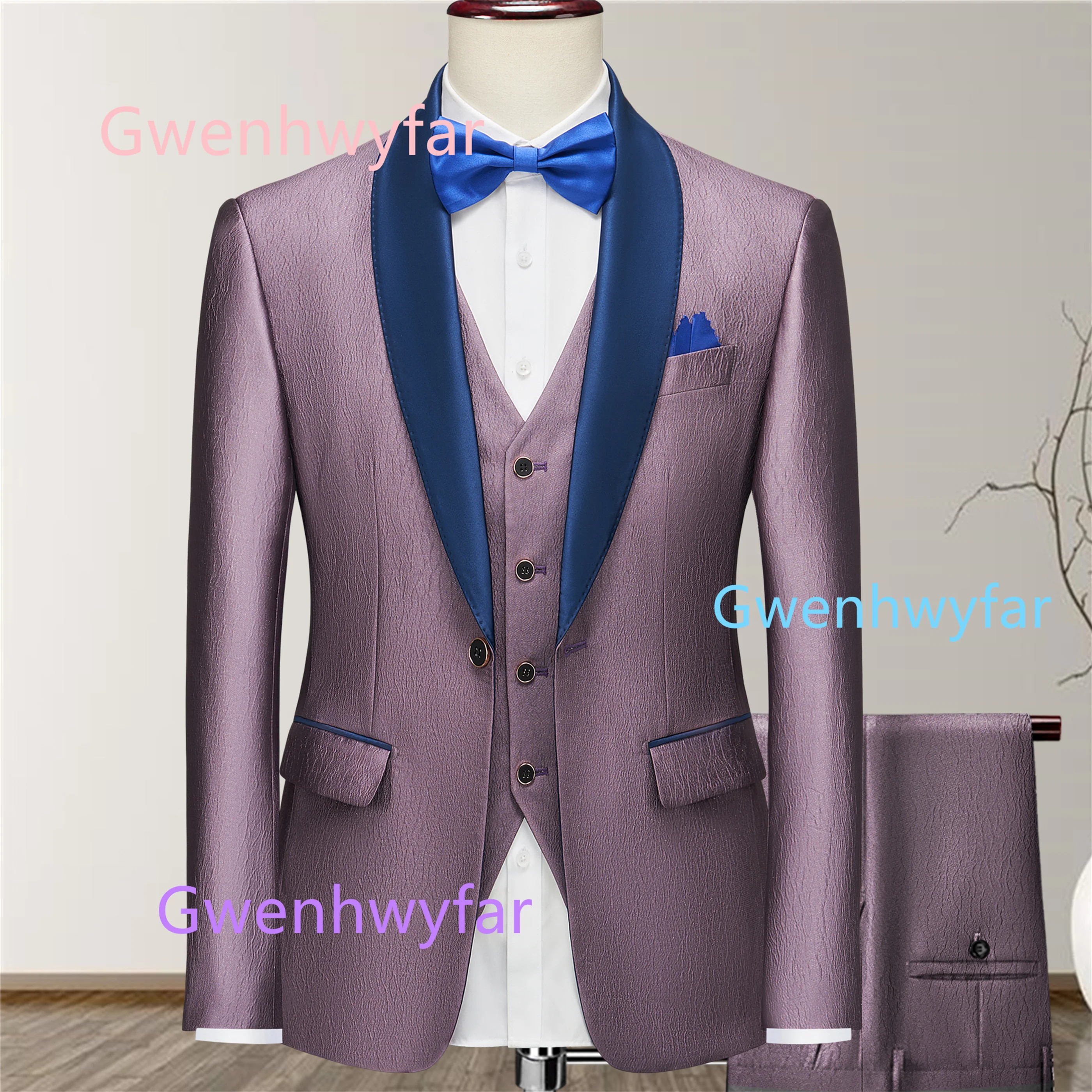 

G&N Water Ripple Pearl Texture Purple Suit 3-piece set 2026 New Navy Blue Shawl Collar Jacket Single Breasted Vest Slim Pants