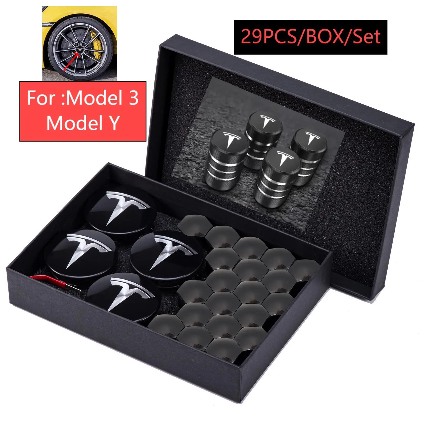 29PCS BOX for Tesla Model 3 Y Dust-proof Cover Wheel Conversion Kit Car Wheel Hubcap Center Cap andTire Cap Screw Accessories