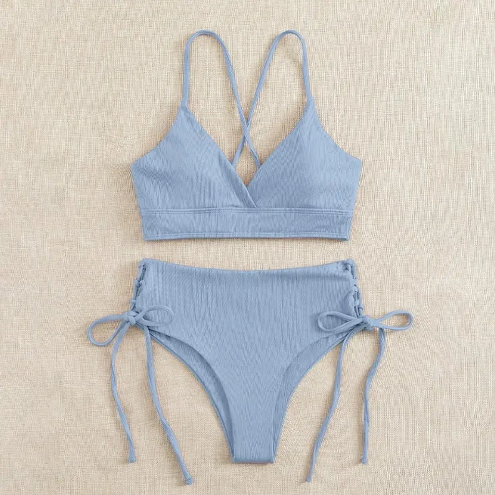 Women Solid Color Fashionable Sexy Lingerie Brazilian Solid ColorUnderwear Casual High Waisted Bar Bikini Split Women's Swimsuit